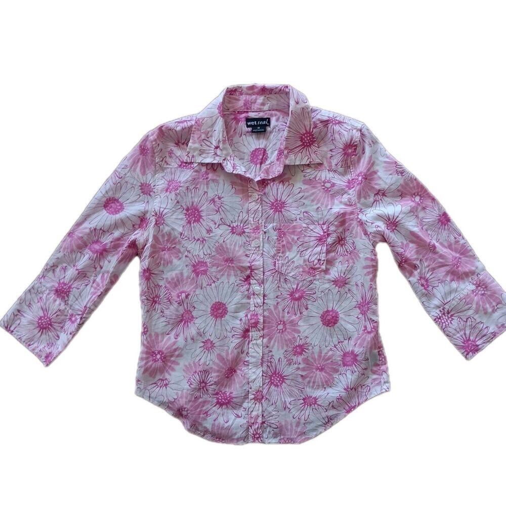 Wet Seal Pink Floral Top Women Medium Juniors Lightweight Cotton y2k Button Up